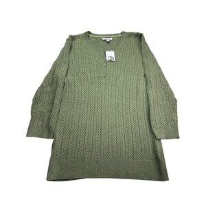 Croft & Barrow Womens Cable Knit Sweater L Cotton Green V Neck Henley New